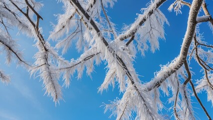 Poster - Frost covered tree branches with bright blue sky background in winter season natural landscape