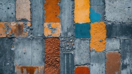 Fototapete - Colorful textured wall with various shades of orange, blue, and gray concrete blocks in a geometric pattern.
