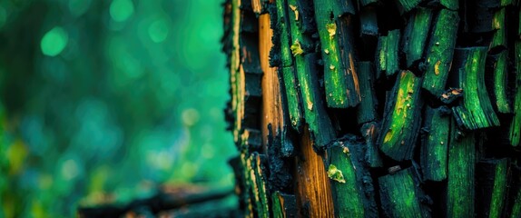 Aufkleber - Close-up of textured tree bark with vibrant green hues and dark charred areas, natural abstract background in forest setting.