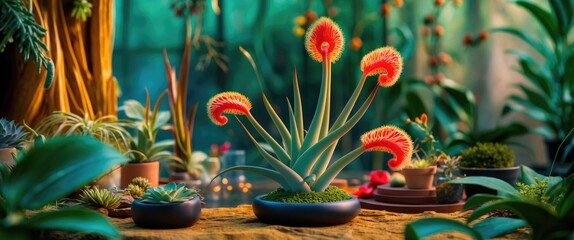Aufkleber - Colorful exotic plants in decorative pots in a lush indoor garden setting with vibrant lighting and diverse foliage types.