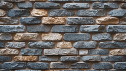 Poster - Colorful textured stone wall surface with gray and beige bricks arranged in a random pattern