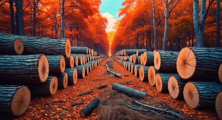 Poster - Autumn forest scene with cut logs on a pathway surrounded by vibrant orange foliage and tall trees under a bright blue sky