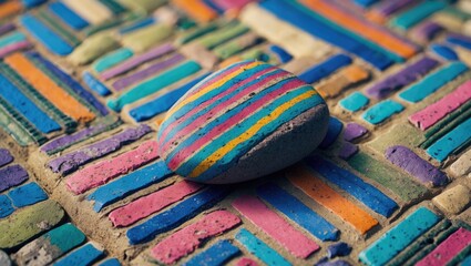 Poster - Colorful striped stone on a vibrant textured background of painted bricks in various colors and patterns