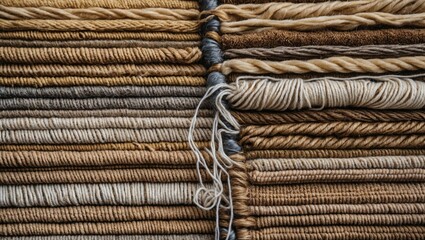 Poster - Various shades of yarn and thread neatly arranged, displaying a range of natural tones and textures in a textile background.