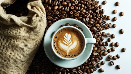 Poster - Coffee cup with latte art surrounded by coffee beans and a burlap sack on a white background