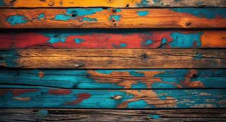 Poster - Colorful weathered wooden planks with peeling paint in orange, red, blue, and brown tones creating a rustic background texture