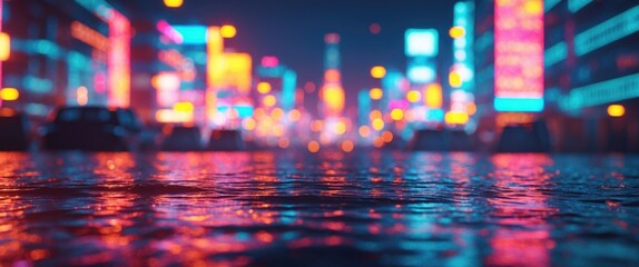 Poster - vibrant abstract cityscape illuminated by neon lights reflecting on wet streets at night