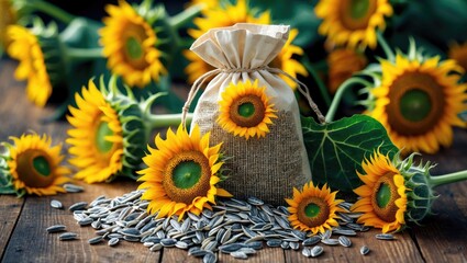 Aufkleber - Sunflower seeds in burlap sack surrounded by fresh sunflowers and seeds on wooden surface in natural light setting
