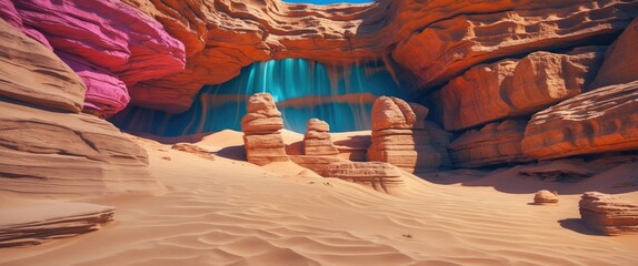 Poster - Desert landscape with colorful rock formations and a waterfall in a canyon under a clear blue sky