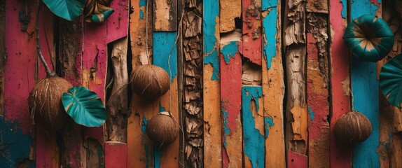 Poster - Colorful distressed wooden wall with hanging dried natural elements and vibrant leaves in a rustic aesthetic decor setting.