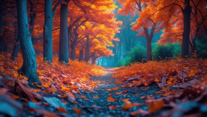 Poster - Autumn forest path with vibrant orange leaves on trees and ground creating a picturesque natural landscape in soft focus.