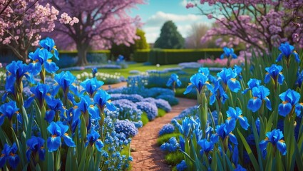 Poster - Colorful spring garden pathway lined with blue irises and various blooming flowers under cherry blossom trees