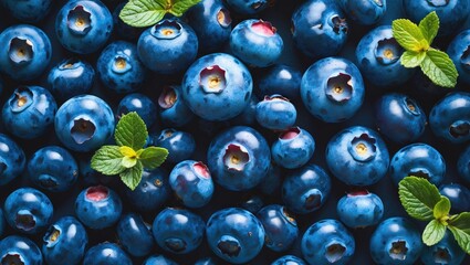 Aufkleber - Fresh blueberries arranged with mint leaves on dark background showing vibrant colors and rich textures of the fruit