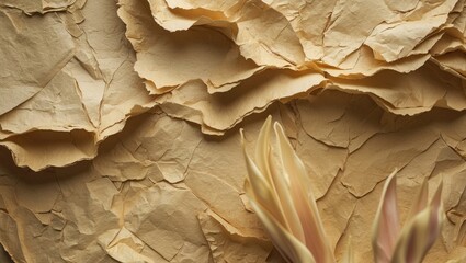 Poster - textured beige paper surface with crumpled layers and soft floral accents for creative background an