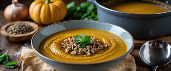 Poster - Pumpkin soup served in a bowl garnished with nuts and herbs with fresh pumpkins and ingredients in the background