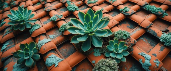 Aufkleber - Succulents growing on a weathered terracotta roof tiles background with moss and vegetation details.