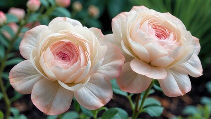 Poster - Delicate pink and cream roses blooming in a lush garden setting with soft focus background and multiple floral buds.