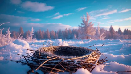 Poster - Winter landscape featuring an empty bird nest surrounded by snow-covered ground and frosted trees under a blue sky with soft clouds