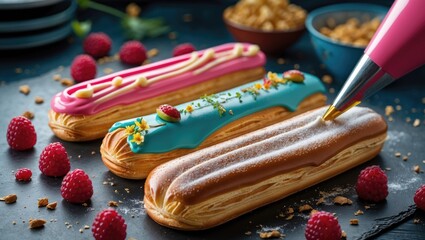 Poster - assorted eclairs with colorful icing and raspberry garnish on dark stone background