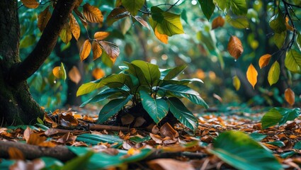 Poster - Dense foliage with vibrant green plants surrounded by fallen autumn leaves in a tranquil forest setting.