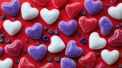 Poster - Colorful heart-shaped candies on a red background with blue candy pieces scattered around them