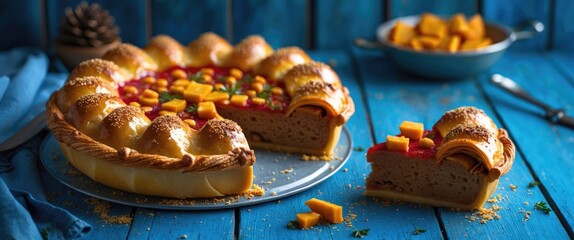 Poster - Colorful dessert pie with mango pieces on a wooden table slice removed and garnished with colorful toppings in a bright setting