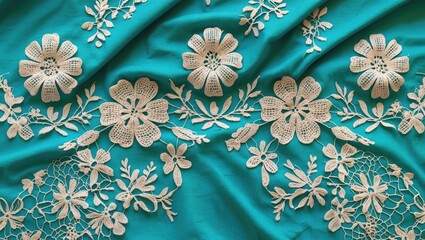 Poster - intricate white floral embroidery on turquoise fabric background with detailed lace patterns and vibrant color contrast