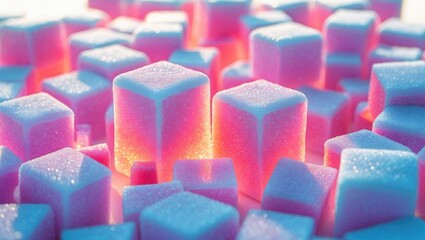 Poster - Colorful sugar cubes with a glowing effect in a vibrant abstract arrangement with soft focus and warm lighting.