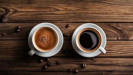 Poster - Two coffee cups with different brews placed on a wooden surface surrounded by coffee beans.