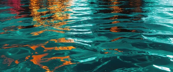 Poster - Abstract rippling water surface with colorful reflections of orange and turquoise hues creating a dynamic visual texture.