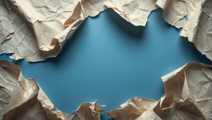 Poster - Crumpled paper edges surrounding a blue background creating a textured frame view from above