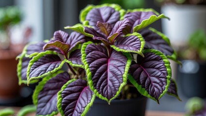 Poster - Close-up of vibrant purple and green foliage of a houseplant in a black pot with blurred indoor background.