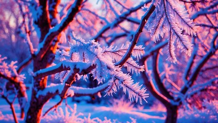 Poster - Frost covered tree branches in a winter landscape with colorful lighting and snow on the ground