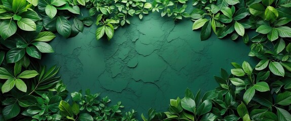 Poster - Green foliage border with various leaves framing a textured green background, ideal for nature-themed designs and presentations.