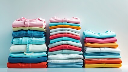 Fototapete - Stacks of neatly folded colorful clothing in a minimalist setting on a white surface with a soft background light