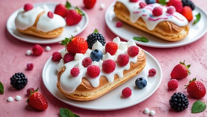 Aufkleber - Delicious eclairs topped with cream and fresh berries on white plates against a pink background