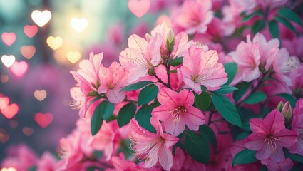 Poster - Pink azalea flowers in bloom with a soft blurred background of heart-shaped bokeh lights in warm tones.