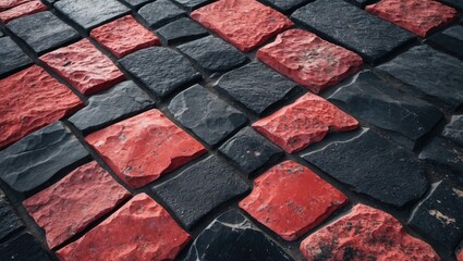 Poster - Textured surface of interlocking red and black paving stones arranged in a geometric pattern outdoor.