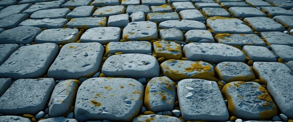 Aufkleber - Textured cobblestone pavement with uneven stones and moss growth in varied colors under soft light