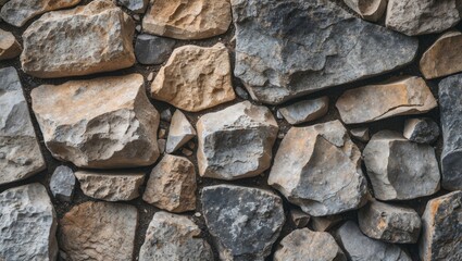 Poster - Textured stone wall with various sizes and shapes of rocks in neutral tones showcasing natural geological patterns