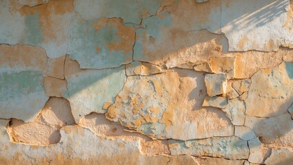 Aufkleber - Textured cracked wall surface with faded blue and orange paint layers and shadows in natural lighting.