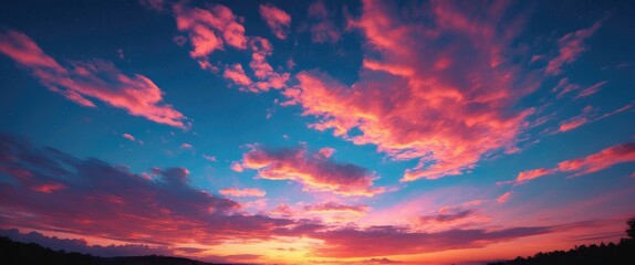Aufkleber - Vibrant sunset sky with colorful clouds and blue gradient at twilight over a scenic horizon landscape
