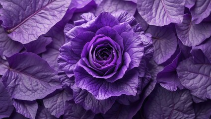 Poster - Purple cabbage floral arrangement with layered leaves and a focus on a central rose-like flower. Close-up macro photography of vegetables.