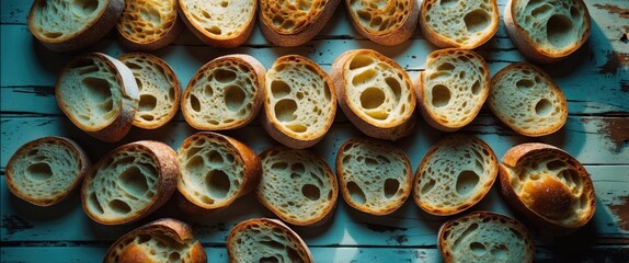 Poster - Sliced bread with visible holes arranged on a rustic wooden surface in a well-lit setting