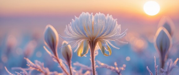 Aufkleber - Frosted flower petals with sunrise in background creating a pastel color palette and soft focus on floral details
