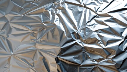 Poster - Crinkled metallic surface of aluminum foil with reflective texture and intricate folds natural lighting