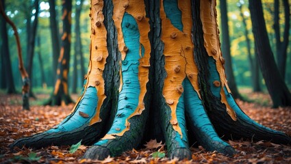 Poster - Vibrant tree trunk with unusual blue and orange bark patterns in a forest setting during autumn foliage