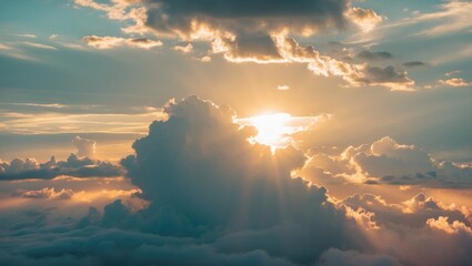 Aufkleber - Sky with dramatic clouds and sunlight rays breaking through, showcasing a vibrant atmosphere during twilight or daybreak.
