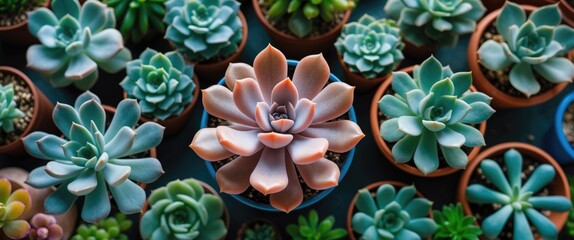 Aufkleber - Variety of colorful succulent plants in terracotta pots arranged in an overhead composition on a table surface