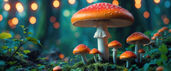 Poster - Colorful mushrooms with orange caps in a lush green forest setting illuminated by soft, blurred fairy lights at dusk.